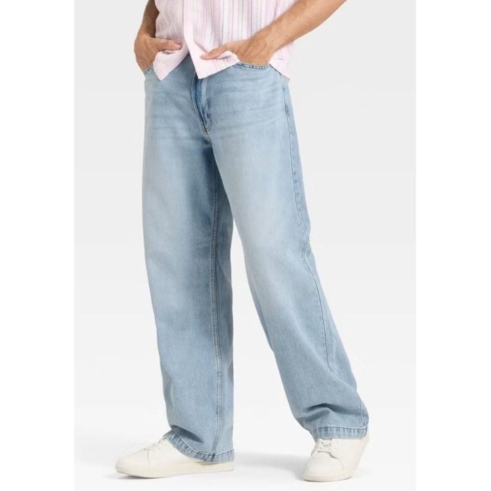 Original Use Men's 100% Cotton Baggy Fit Straight Leg Jeans - Light Indigo 28x30